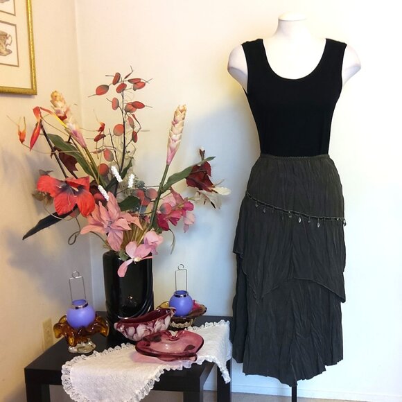 NWT Women Olive Green 2-Layers of Tiered Lined Skirt Elastic High Waist Skirt 14 - Picture 9 of 11